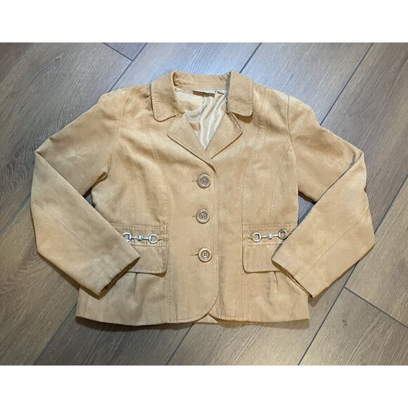 Studio Works Tan/Brown Three Button Faux Suede Waist-Length Blazer Jacket Sz 4P - Picture 6 of 6